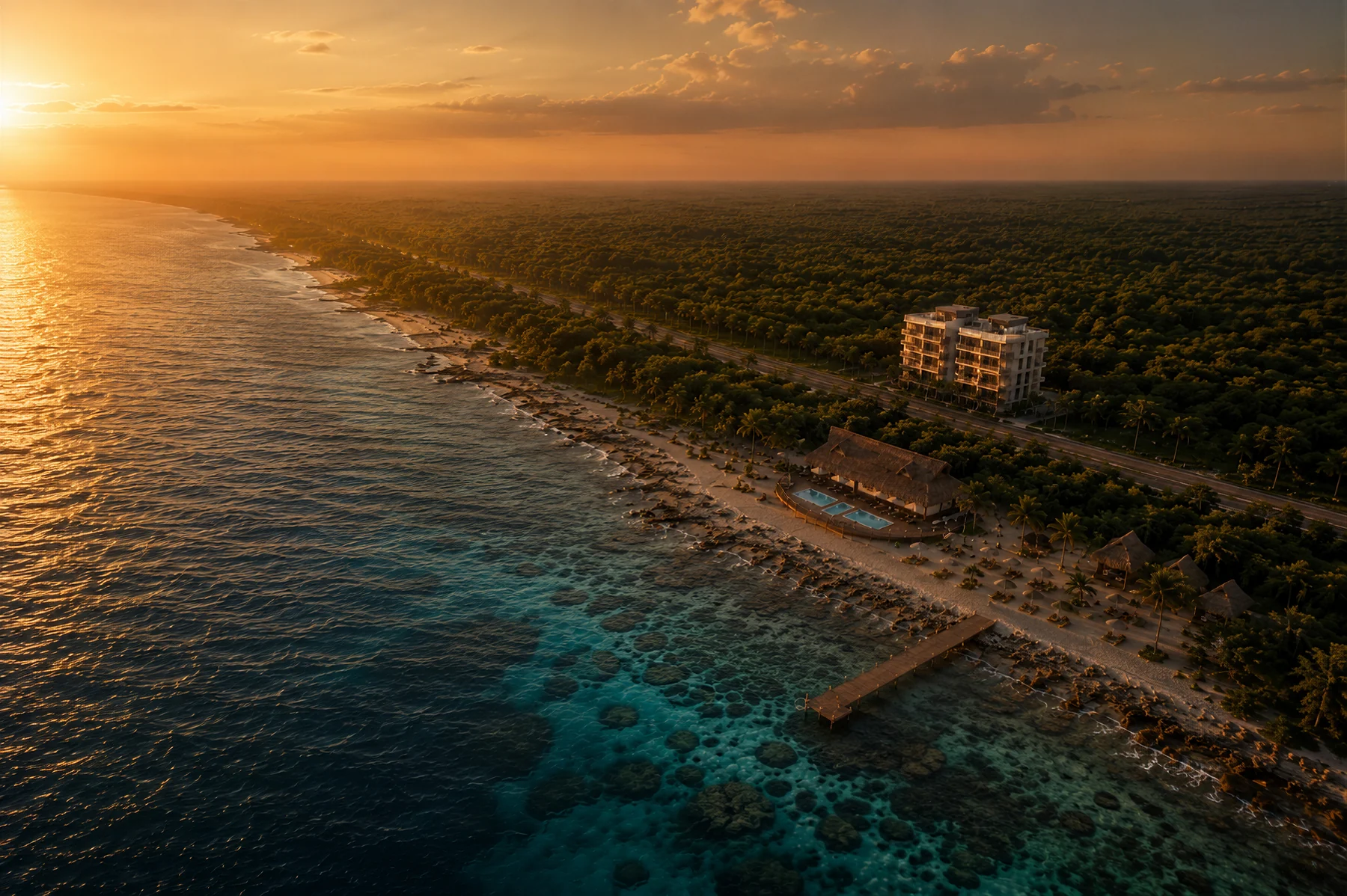 Vista aérea de Existence Cozumel frente al mar Caribe y la selva