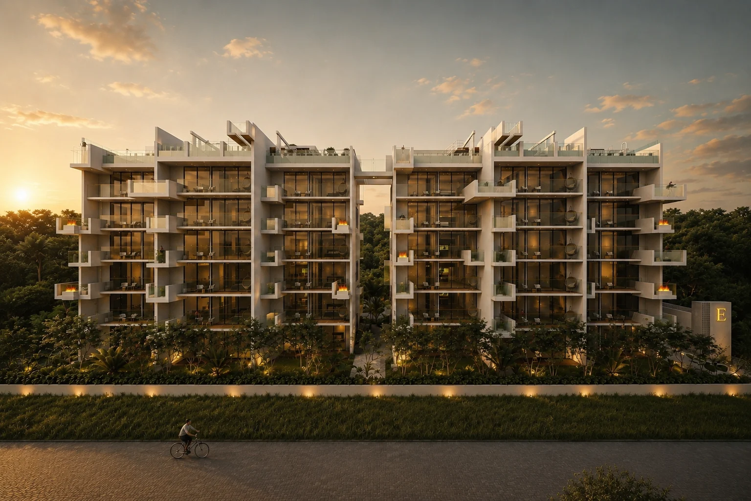 Fachada residencial al atardecer