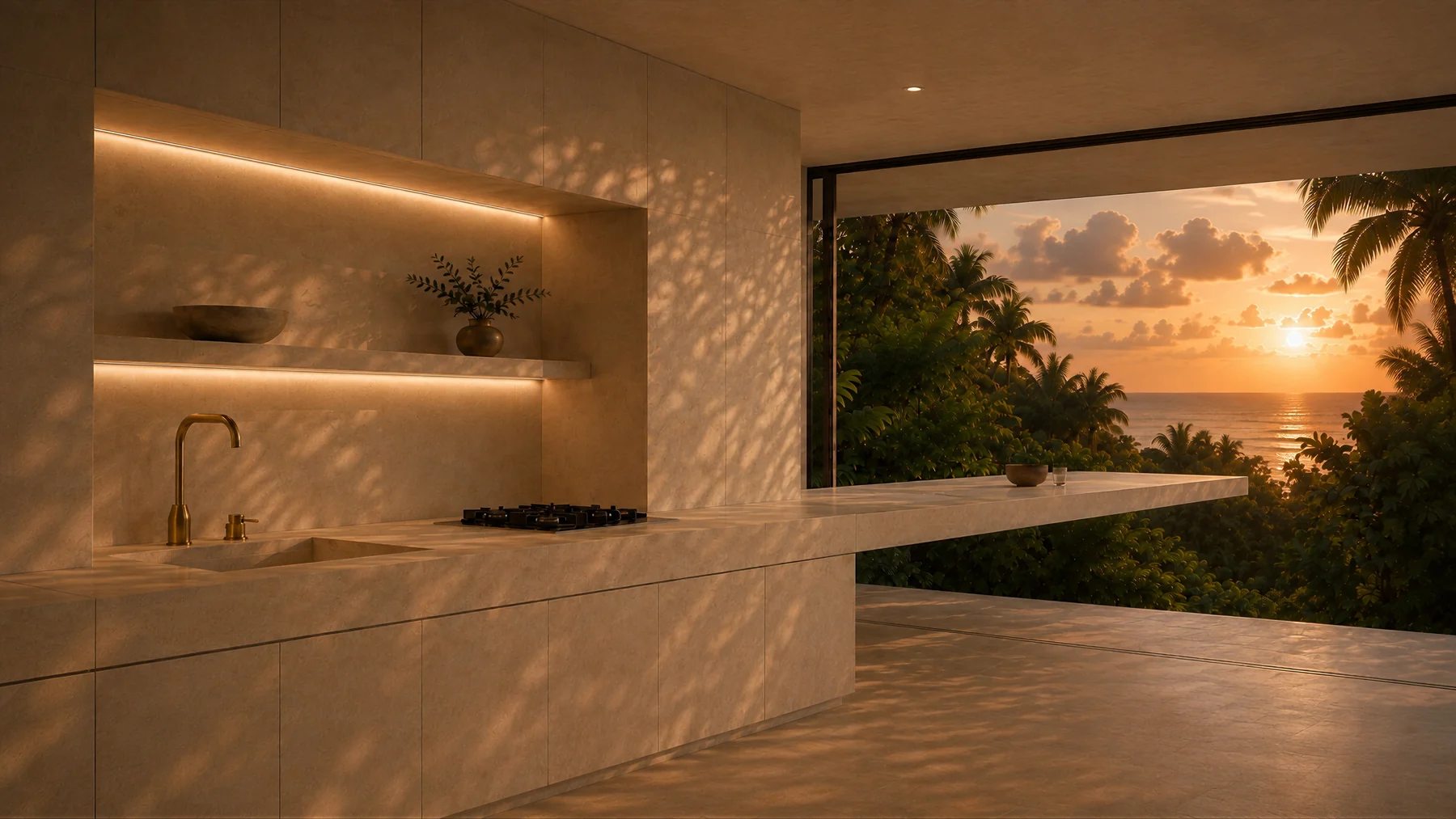 Baño con jardín y luz cálida